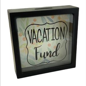 Piggy Bank Vacation Fund Novelty Bank Wood Square 5.75”X 5.75”
